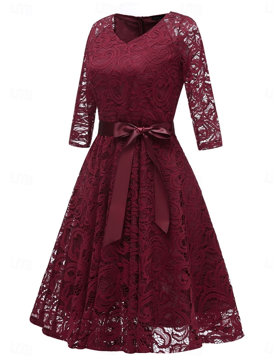 Per donna Abito Midi Abito in Pizzo Abito da Cocktail Abito da invitata a nozze Chiffon Elegante Moda Moderno All'aperto Cocktail party Vestibilità regolare Semplice Manica 3/4 Scollo a V Rosa Vino del 2025 a $31.99 –P2