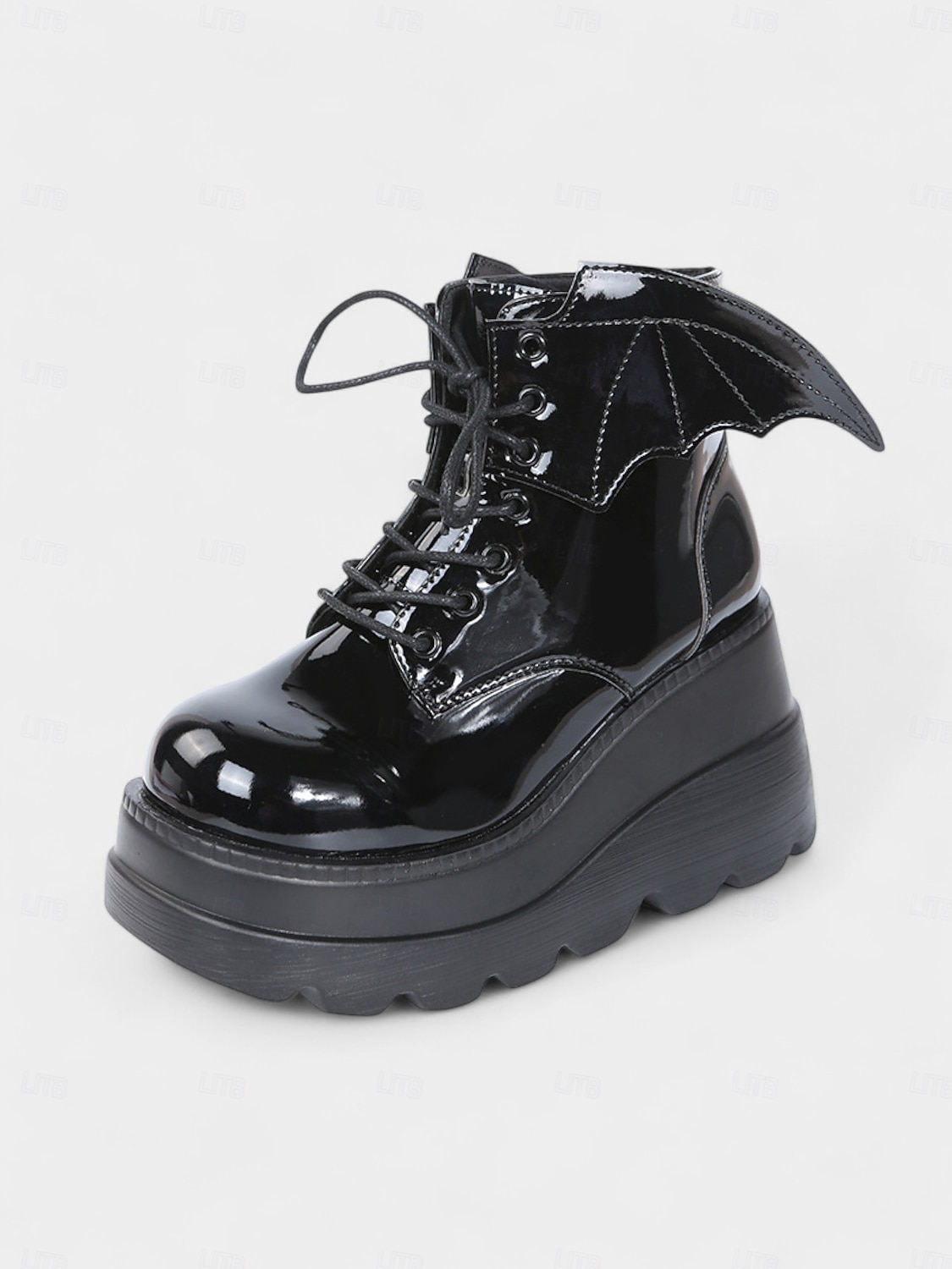 Dámské černé lakované kotníkové boty na platformě - gotické punkové boty s patkami a šněrováním, cosplay boty na robustním podpatku na Halloween, večírky a alternativní módní outfity 2025 - $34.99 –P2