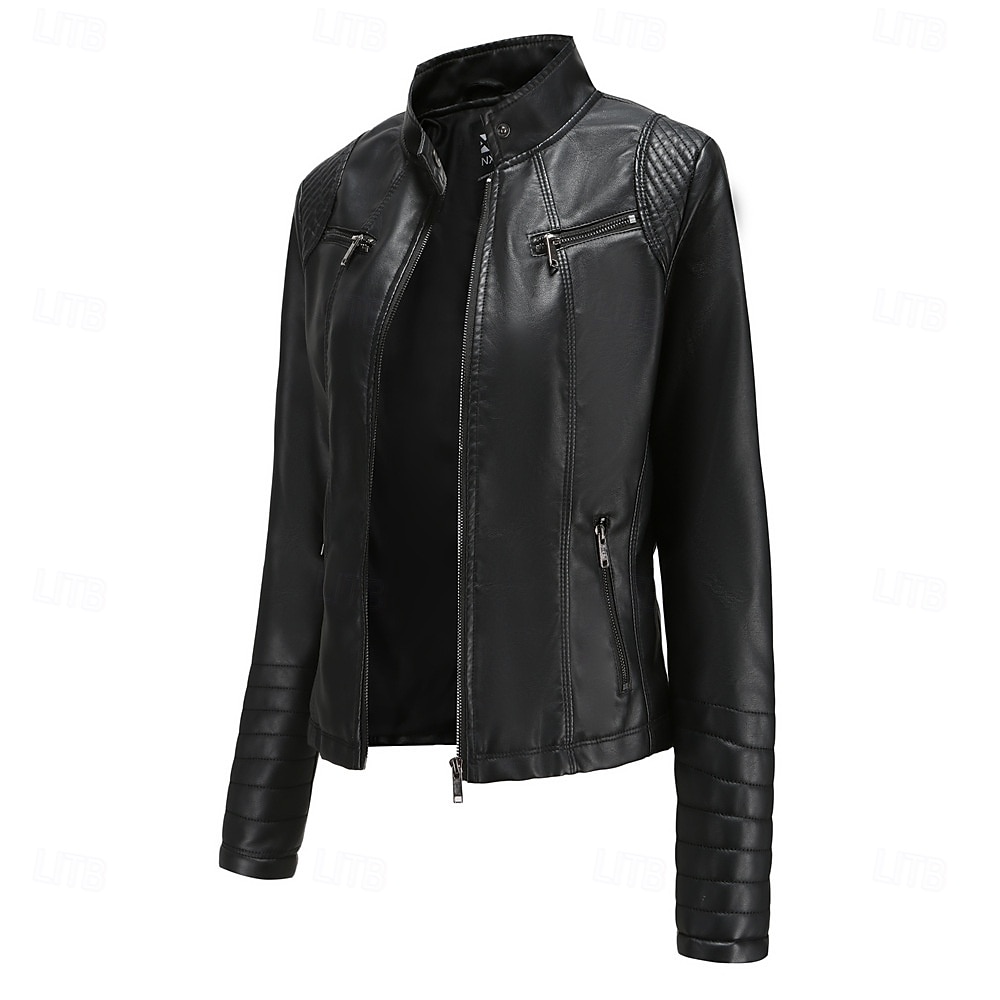 Dames Jas van imitatieleer Comfortabel Zak Volledige ritssluiting Modieus Street Style Effen Buiten Casual / Dagelijks Normaal Opstaand Normale pasvorm Lange mouw bovenkleding Zwart Rood Kameel Lente 2025 - $41.99 –P11