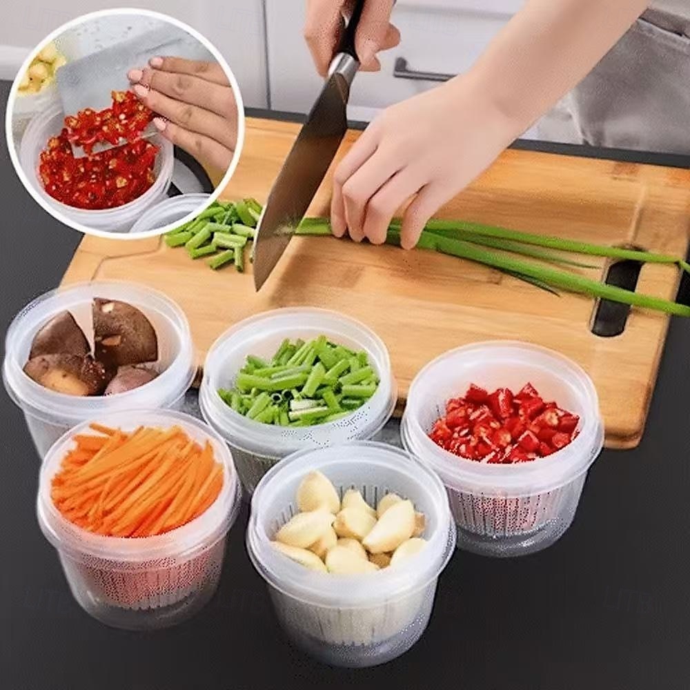 Lot de 5 boîtes de conservation pour aliments avec couvercles, récipients de conservation pour oignons, gingembre et ail, bols de préparation ronds avec drainage pour réfrigérateur, organisateur de 2025 ? $10.49 –P1