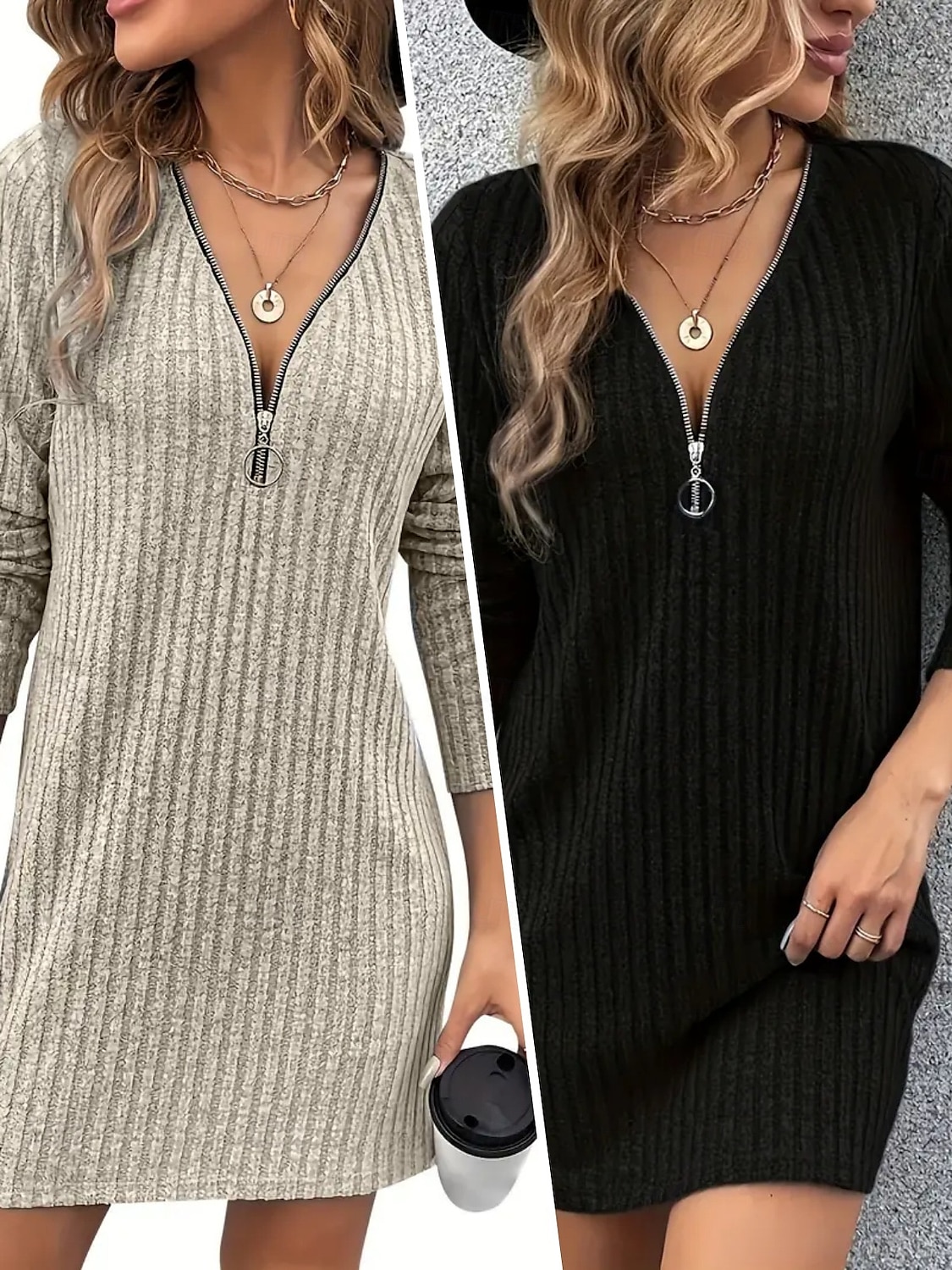 Femmes Mini Robe Robe Tricot Robe Décontractée Robe d'Hiver Mode Moderne Quotidien Date Week-end Coupe régulière Uni manche longue Col en V Noir Abricot Printemps Automne Hiver de 2025 ? $19.49 –P1
