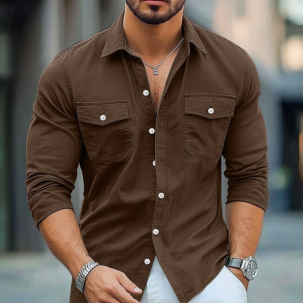 Herren Hemd Strandbekleidung Freizeithemd Knopfhemd Einfach Urlaub Lässig Schwarz Braun Grün Grau Langarm Revers Sommer Frühling & Sommer Bekleidung Knöpfe 2025 - $25.99 –P1