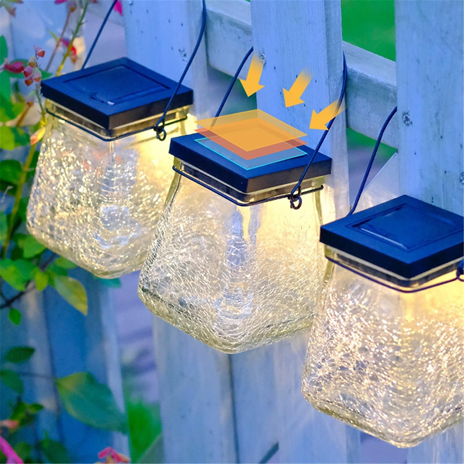 Solarbetriebene, geknackte Hängelampe für den Außenbereich, Gartenhof, Landschaftslampe, solarbetriebene quadratische Schreibtischlampe aus Glas, 1 Stück 2025 - $31.99 –P2