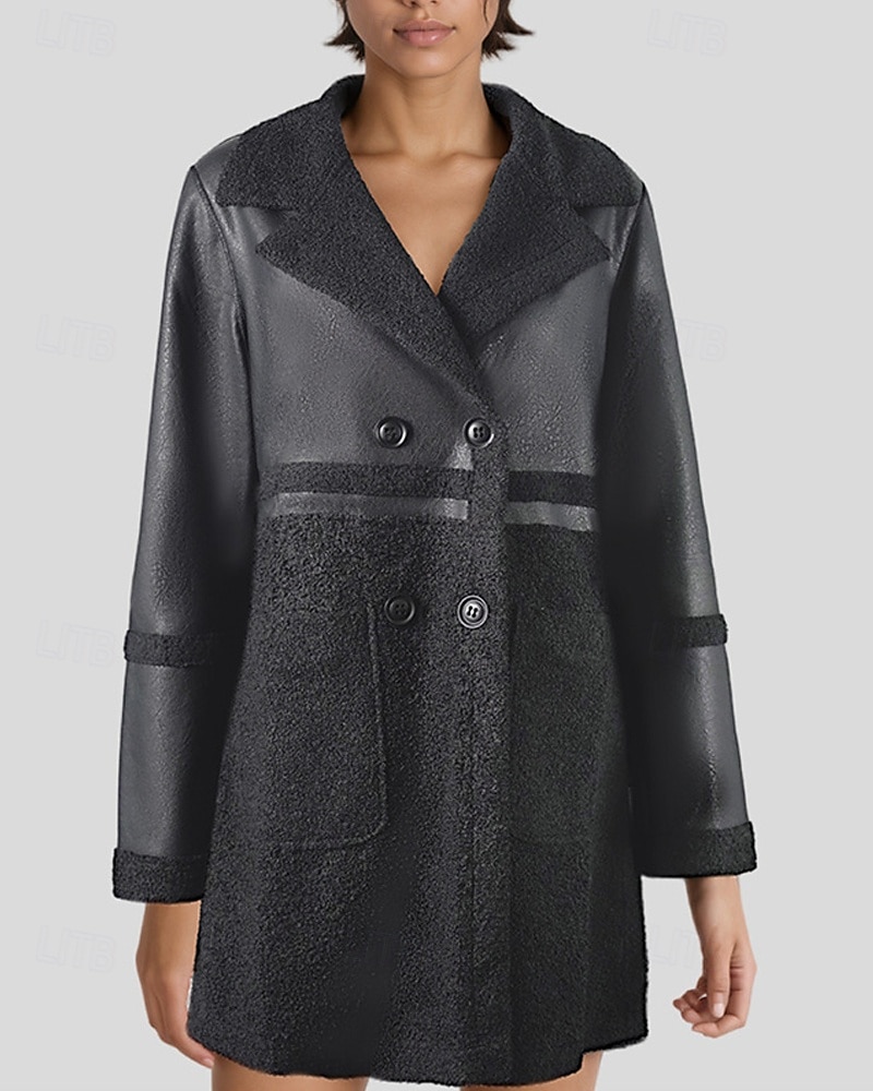 Damen Kunstlederjacke Winterjacke Warm Bequem Tasche Knöpfe Mode Modern Lässig Einfach Ausgehen Wochenende Einreihig Regulär Steigendes Revers Normale Passform Langarm Oberbekleidung Schwarz Winter 2025 - $33.99 –P1