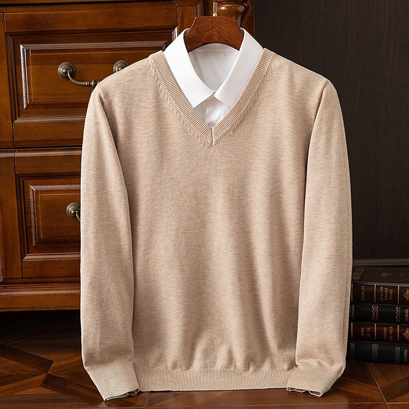 Herr Pullover tröja Stickad tröja Ribbad Sticka Vanliga toppar Stickat Slät V-hals Mode Grundläggande Semester Dagliga kläder Kläder Höst Vinter Kamel Vin S M L 2025 - $25.99 –P4