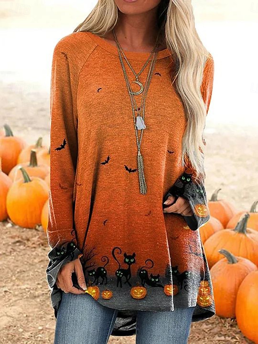Halloween Dame T skjorte Grafisk Halloween Årgang Stilfull Fritid Langermet Crew-hals Lange topper Daglig Trykt mønster Svart Hvit Gul Oransje Vår Høst 2025 - $24.99 –P1