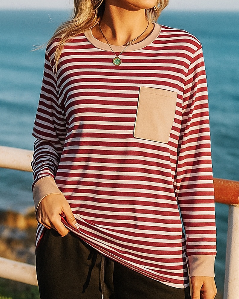 Dam Tröja med pullover Casual Toppar Ficka Långärmad Överdelar Fritids- Höst Rand Mode Utomhus Joggning Löpning Sportkläder Sportkläder Rodnande Rosa Röd Marinblå 2025 - $17.99 –P8