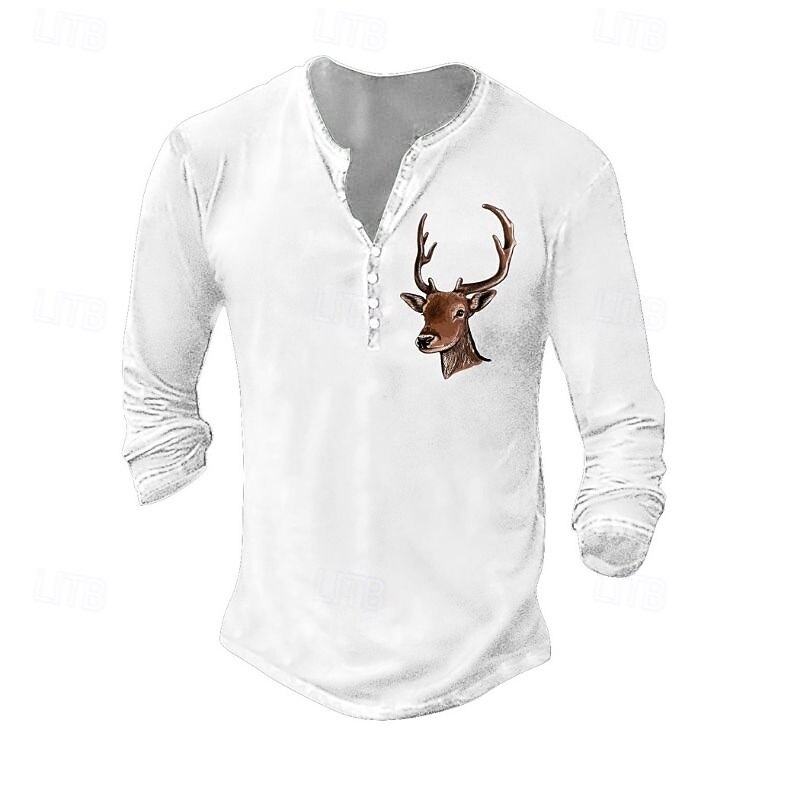 Herren Henley Hemd T-Shirt Langarmshirt Langarm Henley Sommer Herbst Muster Hirsch Mode Designer Mode Jahrgang Urlaub Straße Ausgehen Dunkelgrau Schwarz Weiß Top T-Shirt für Herren 2025 - $19.99 –P4