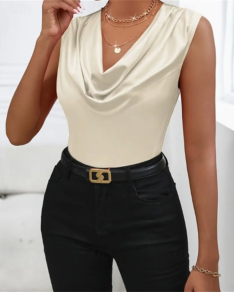 גופייה לנשים סאטן חלקה אופנתי מודרני ללא שרוולים צווארון מרופד רגיל חולצות יומיומי ליציאה סוף שבוע שחור כתום חאקי קיץ 2025 - $25.99 –P5