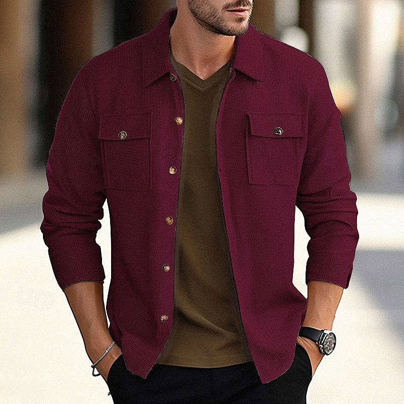 Homens jaqueta leve Jaqueta Waffle Jaqueta de Camisa Jaqueta casual Férias Diário Respirável Bolsos Primavera Outono Tecido Moda Clássico Lapela Padrão Preto Branco Vinho Verde Escuro cáqui Casaco de 2025 por $26.99 –P12