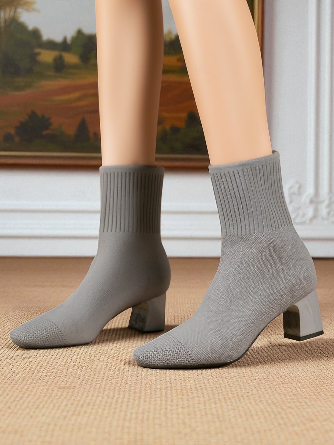 Marineblaue Strick-Sockenstiefel für Damen – spitze Stretch-Stiefeletten mit Blockabsatz für elegante Alltags- und Herbstoutfits 2025 - $46.99 –P3