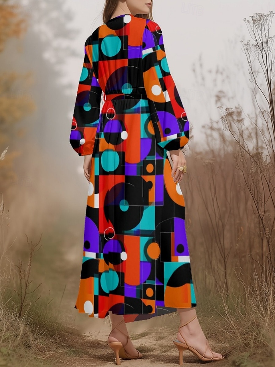 Damen Midikleid Freizeitkleid Chiffon Schwingkleid Modern Urlaub Täglich Wochenende Normale Passform Geometrisch Langarm V Ausschnitt Schwarz Blau Purpur Orange Sommer Frühling Herbst 2025 - $31.99 –P14