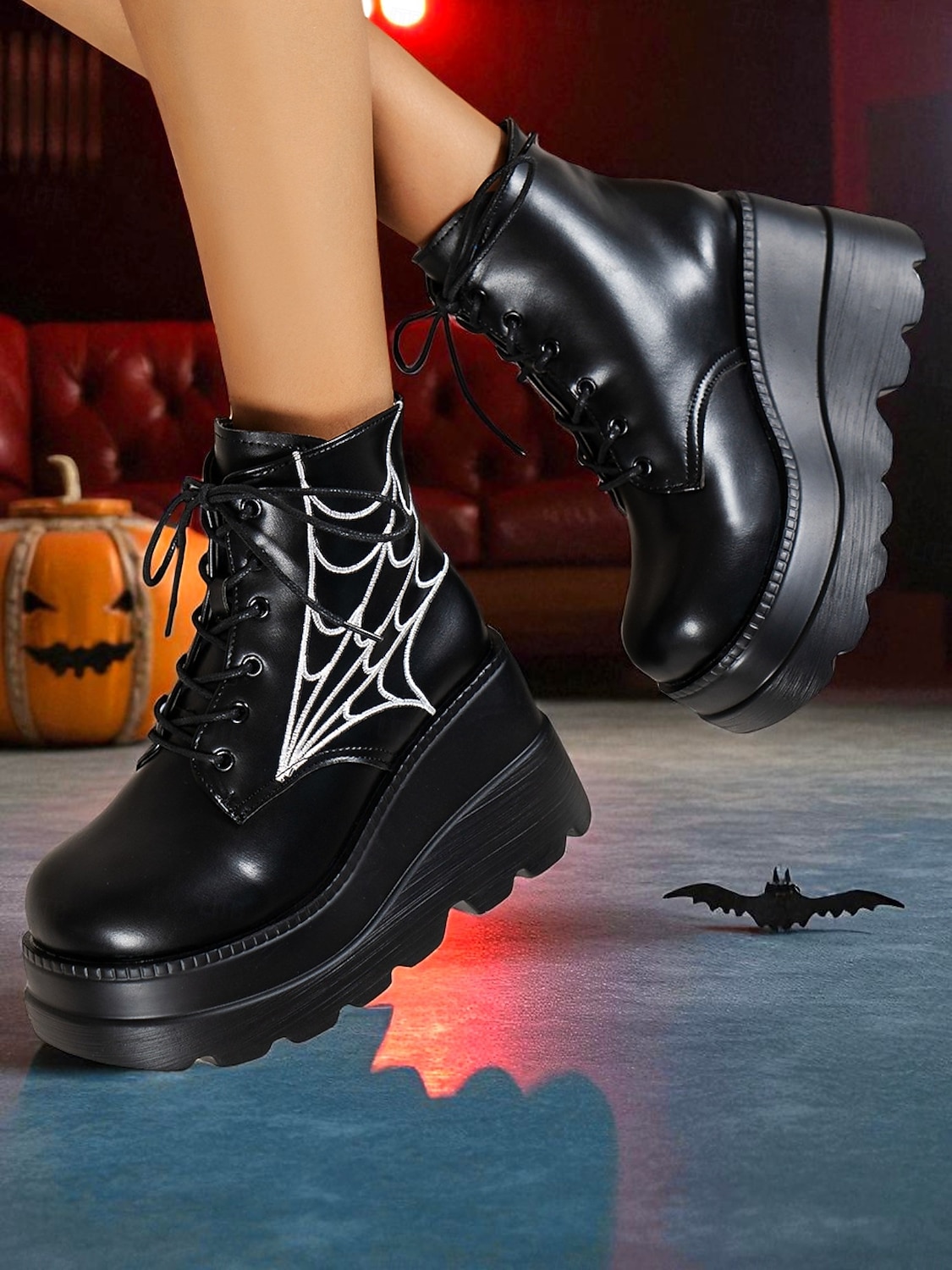 Women's Black Platform Boots with Spider Web Design - Chunky Lace-Up Ankle Boots for Halloween, Cosplay, and Masquerade Balls, Punk and Gothic Style, Comfortable for All-Day Wear 2025 - $34.99 –P4