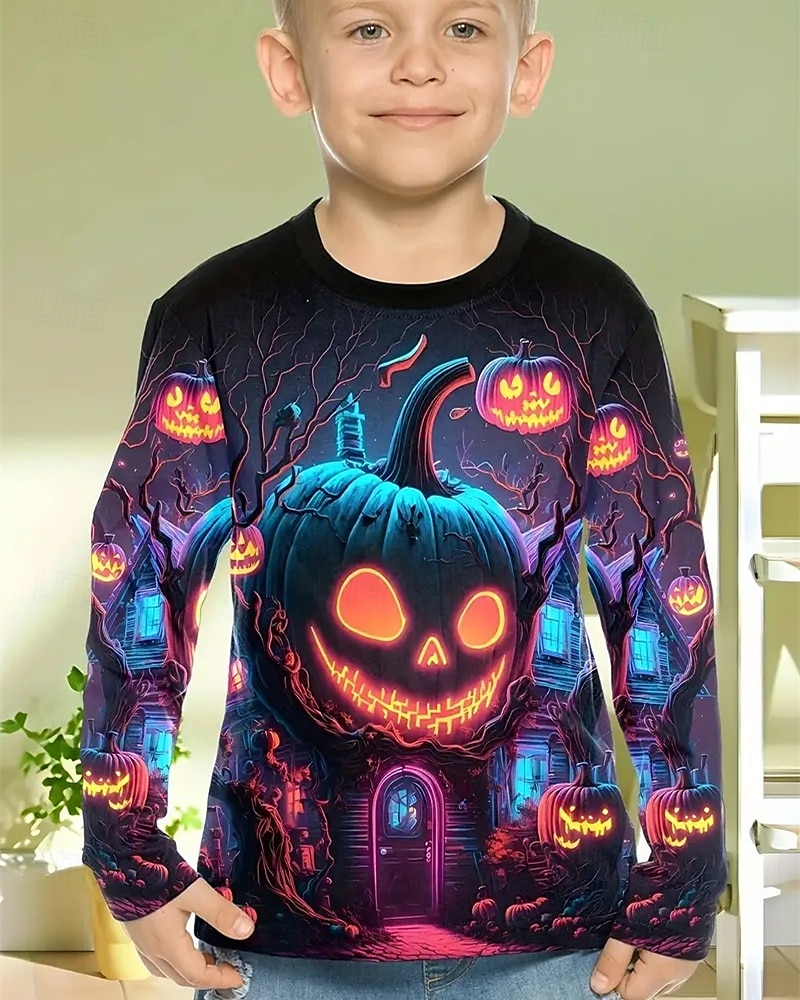 Halloween Pojkar 3D Pumpa T-shirt Långärmad Vår Höst Mode Grundläggande Barn 4-12 år Rund hals Utomhus Ledigt Dagligen Normal 2025 - $13.99 –P1