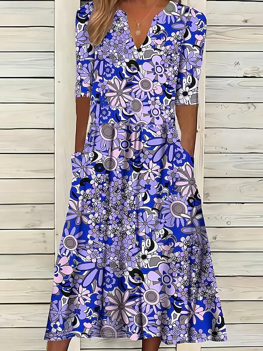 Damen Midikleid Freizeitkleid Sommerkleid Shiftkleid A Linie Kleid Urlaub Lässig Normale Passform Blumen Grafik Halbarm Einkerbiger Ausschnitt Purpur Sommer Herbst 2025 - $38.99 –P1