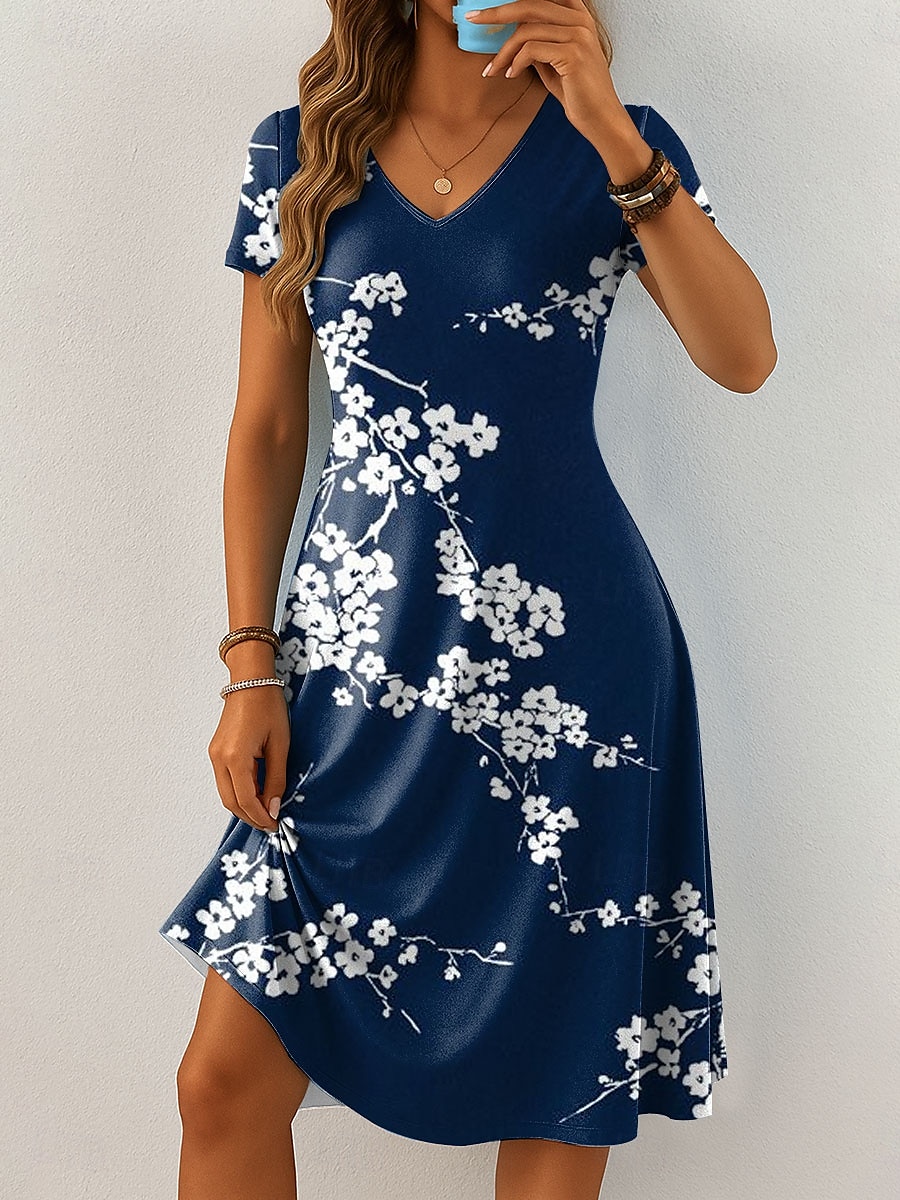 Damskie Sukienka mini Codzienne sukienki Sukienka t-shirtowa Sukienka letnia Sukienka A line Urlop Codzienny Boho Plaża Regularny Kwiaty Graficzny Krótki rękaw W serek Czarny Niebieski Fioletowy 2025 - $23.99 –P1