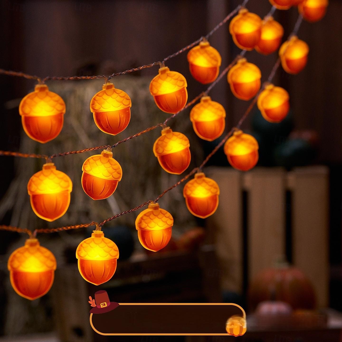 Luminițe cu LED-uri de dovleac cu frunze de arțar șir de luminițe alimentate cu baterii, 1,5 m, 10 LED-uri, Halloween, felinar de dovleac cu frunze de arțar și ghindă, decorațiuni pentru balcon și 2025 - $30.99 –P6