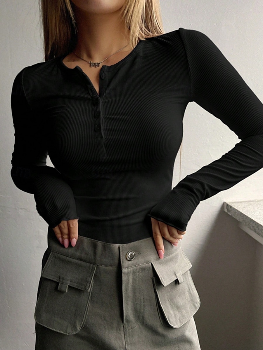 Damen Bluse Einfarbig Stilvoll Basic Lässig Langarm Rundhalsausschnitt Normale Oberteile Täglich Knöpfe Schwarz Weiß Rosa Grün Grau Sommer Frühling Herbst 2025 - $19.99 –P10