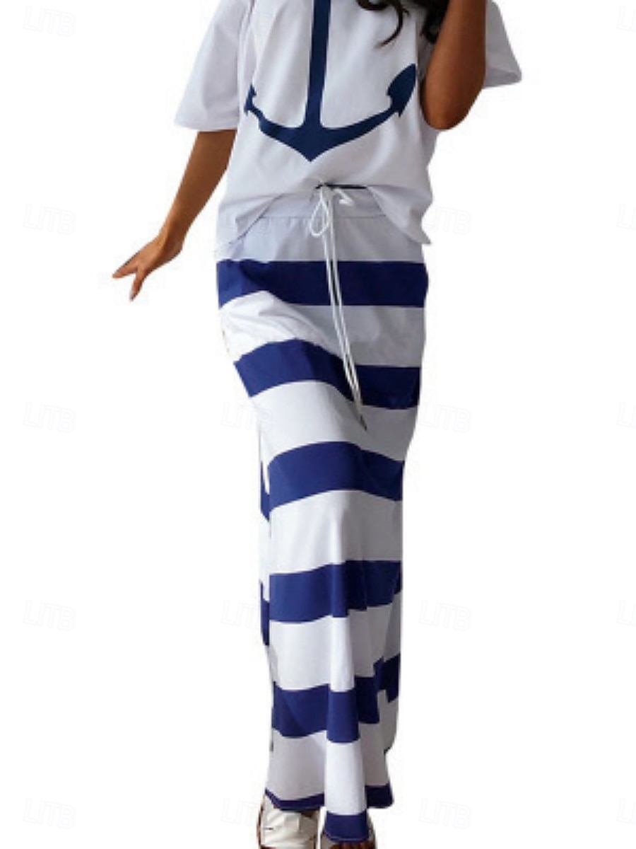 Pentru femei Set de rochii Rochii Tricou Casual Dunga Cordon Imprimeu Rochie Maxi Manșon scurt De Pe Umăr În aer liber Zilnic Alb Albastru piscină Vară Primăvară Fit regulat 2025 - $23.99 –P5