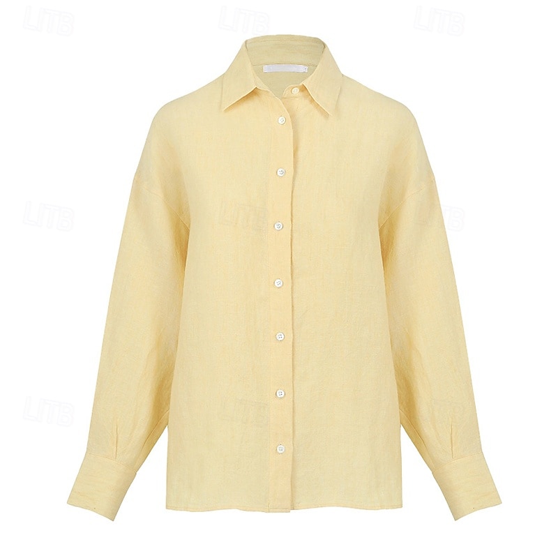 női 100% lenvászon ing elegáns vintage mindennapi hosszú ujjú inggallér normál felsők munkahelyi mindennapi ünnepi krémsárga törtfehér nyár tavasz ősz 2025 - $74.99 –P14