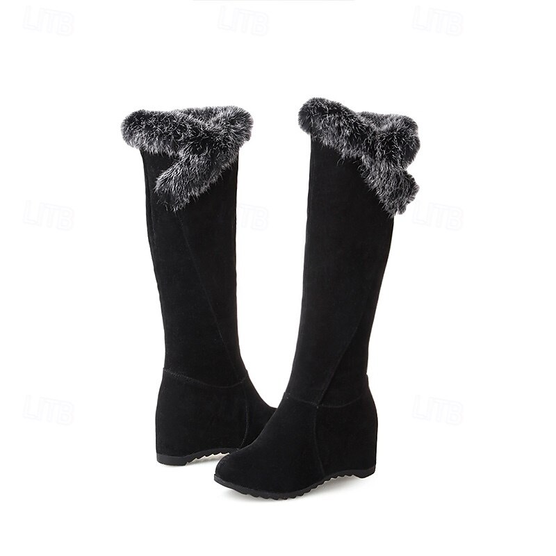 Botas altas hasta la rodilla de ante rojo para mujer con ribete de piel sintética y tacón de cuña: botas cálidas de moda invernal para uso casual y al aire libre. 2025 - $59.99 –P5
