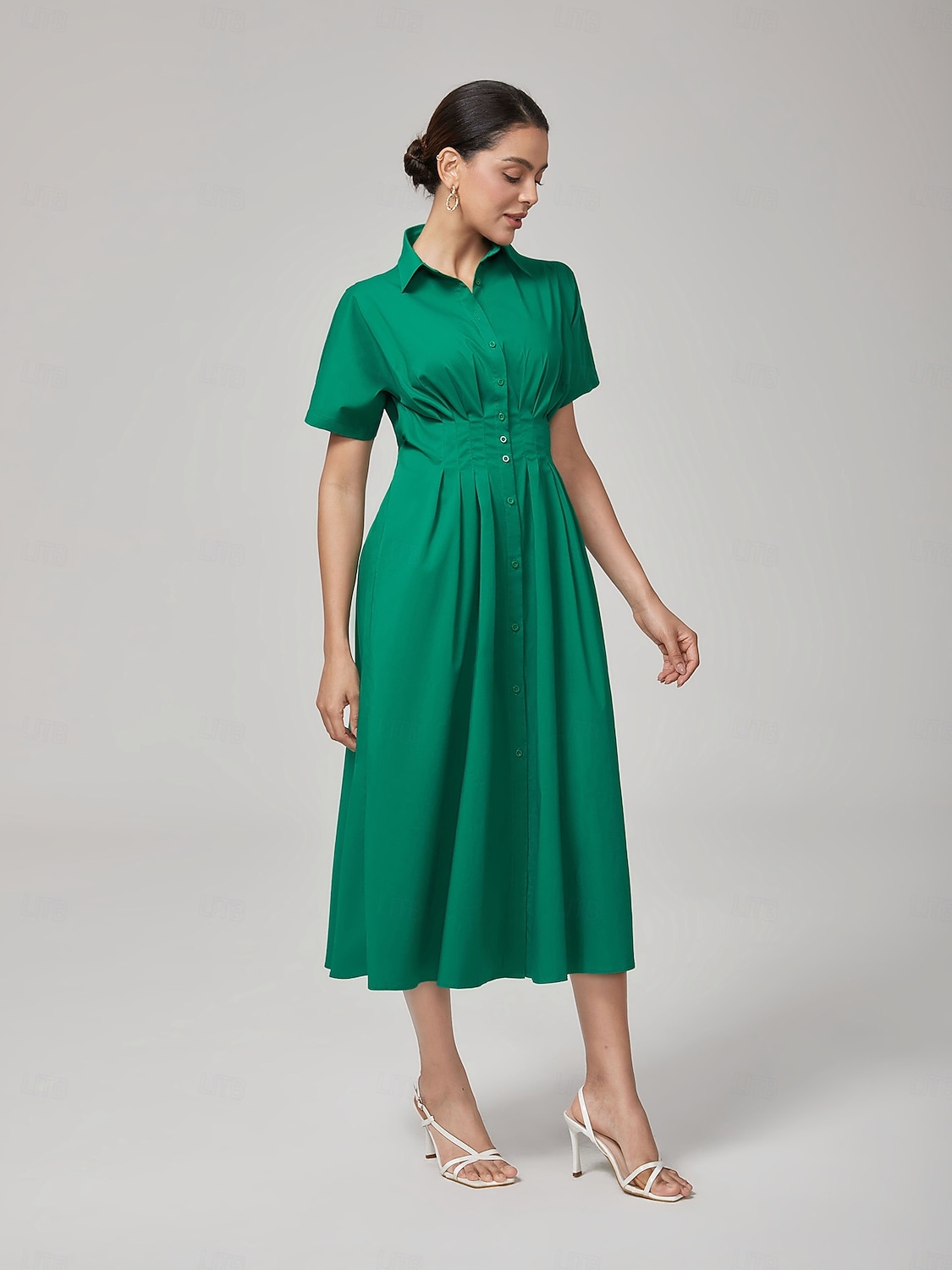 dam maxiklänning vintage grön bomull veckad midja skjortkrage avslappnad elegant vår sommar höst 2026 - $102.99 –P1