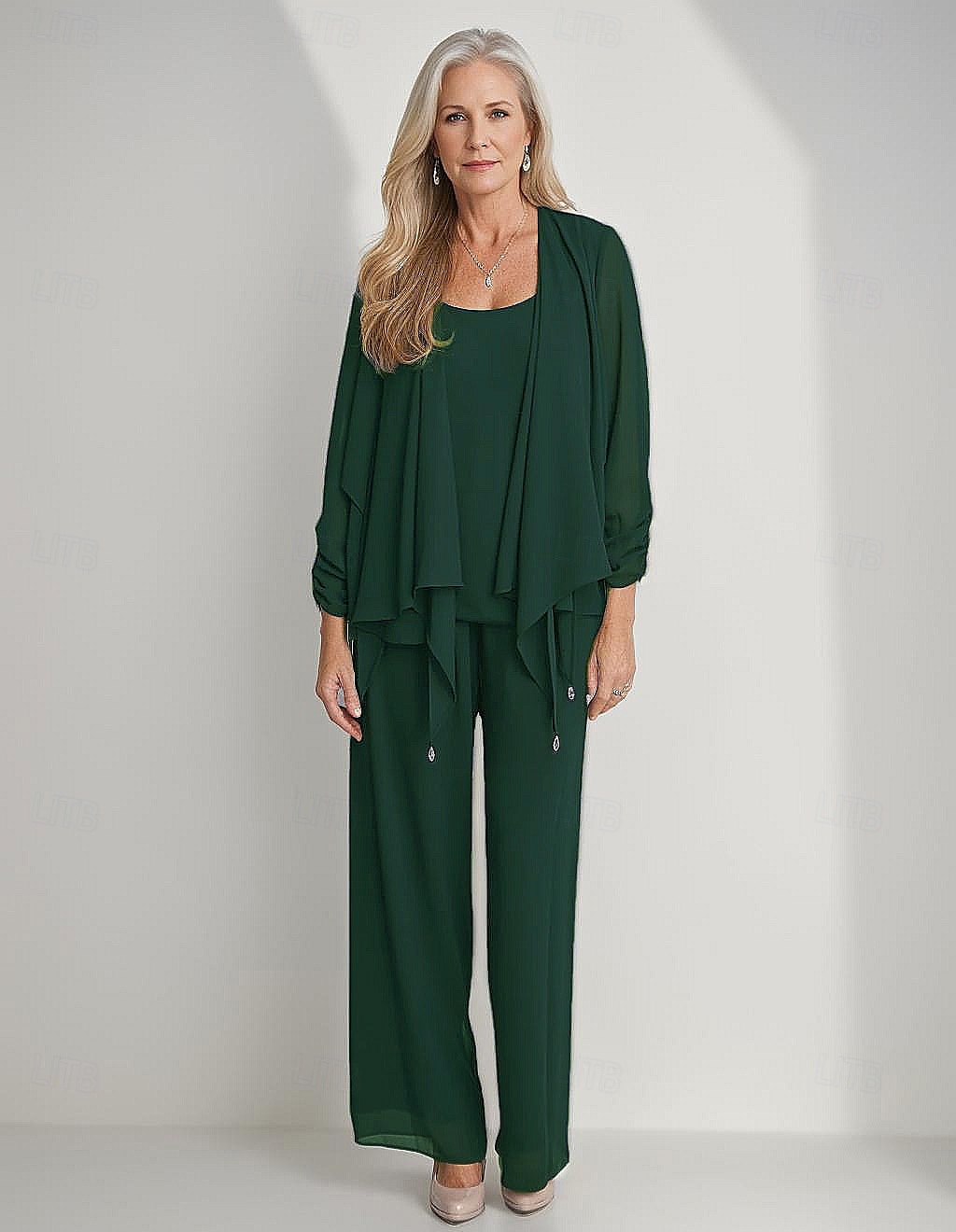 3 Piece Mother of the Bride Pantsuits Elegant Simple Luxurious Square Neck Floor Length Chiffon 3/4 Length Gathered Sleeve with Crystals Cascading Ruffles 2025 2025 - $135.99 –P5