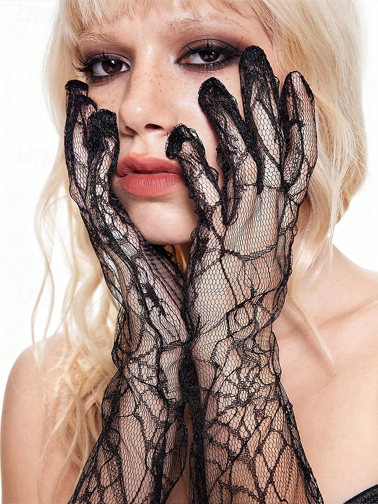 Damen-Halloween-Spinnennetz-Spitzenhandschuhe – lange, durchsichtige Gothic-Handschuhe aus Netzstoff mit fingerlosem Design, elegantes Kostümzubehör für Partys, Cosplay und Hexen-Outfits 2025 - $9.99 –P2