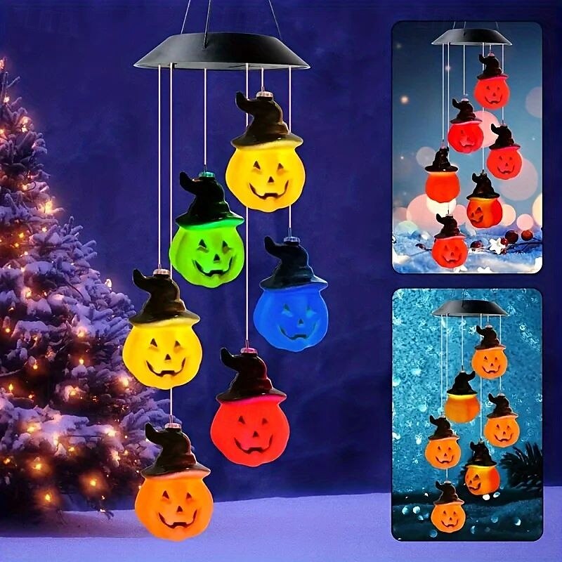 Carillon solare a vento di Halloween con sette colori cangianti, luce da balcone a forma di teschio di zucca, luce da appendere, impermeabile, per esterni, giardino, casa, festa di Halloween, del 2025 a $19.99 –P1