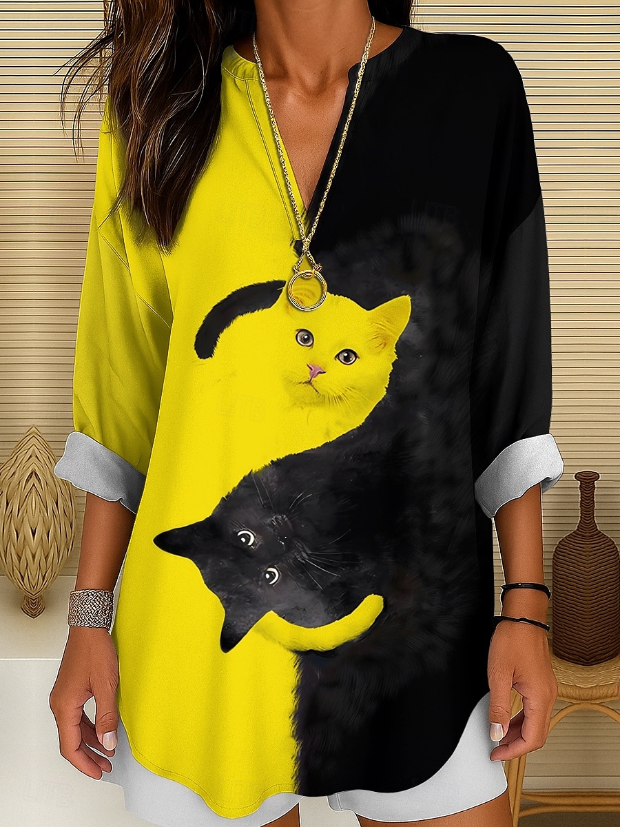 Kvinnes Bluse Tunika V-hals Lange Ermer Boho Casual Sommer Topper Grafisk Dyr Katt Vintage Tropisk Vanlige Topper Daglig Bruk Print Svart Og Hvit Gul Rosa Rød Blå 2025 - $27.99 –P8