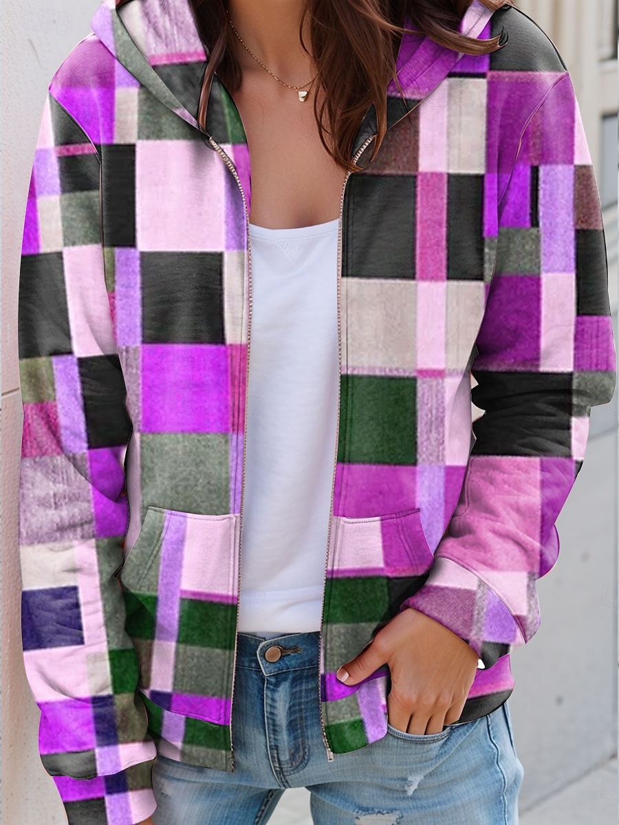 Veste à fermeture éclair pour femmes graphique à carreaux mode décontractée à manches longues à capuche tops réguliers vêtements de rue port quotidien poche impression blanc bleu violet orange vert de 2025 ? $27.99 –P4
