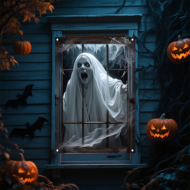2025年 ハロウィンの窓バナーデコレーション 1個 怖いゴーストデザイン ポリエステル生地 屋内壁と窓用装飾 パーティーやカーニバル用 電気不要 万能ホリデーアクセサリー  コレクション – $77.99 –P5