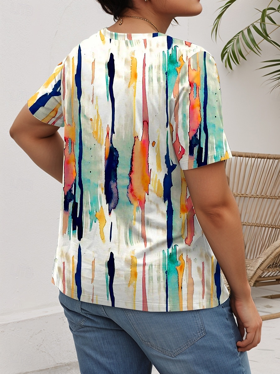 Damen Übergröße Oberteile T Shirt Grafik Abstrakt Druck Kurzarm Rundhalsausschnitt Lässig Täglich Polyester Sommer Frühling Weiß Blau 2025 - $19.99 –P2