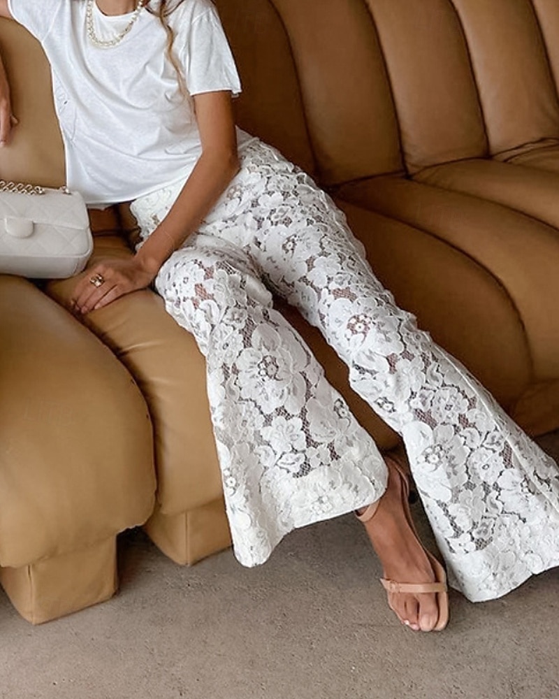 Per donna Gamba larga Pantaloni a zampa Pantaloni Eleganti Streetwear Casual Lunghezza intera Naturale Semplice Pizzo Elastico in vita Morbido Ferie Abbigliamento quotidiano Weekend Bianco Autunno del 2026 a $29.99 –P2
