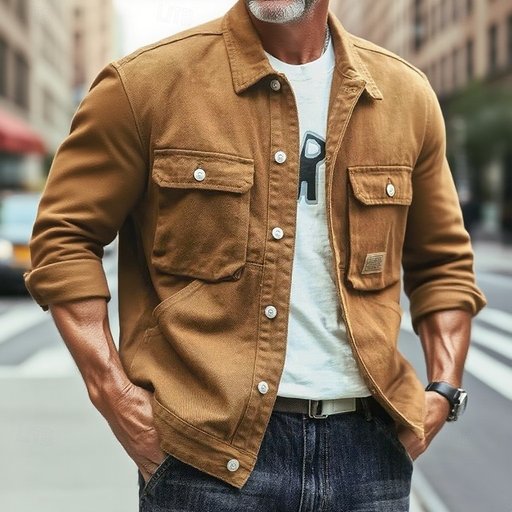 Homme Veste Légère Veste en Jean Formel Maison Coupe-Vent Avec Poches Printemps Automne Hiver Couleur Unie Actif ancien Col Rabattu Régulier Noir Vert foncé Marron Café foncé Veste de 2025 ? $39.99 –P1