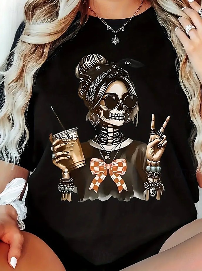 Halloween Femmes T-shirt Chemise en coton Drapeau Crâne ancien Élégant Classique Manche Courte Col ras du cou Col rond Hauts Réguliers Quotidien Imprimé Noir Blanche Été Printemps de 2025 ? $19.99 –P4