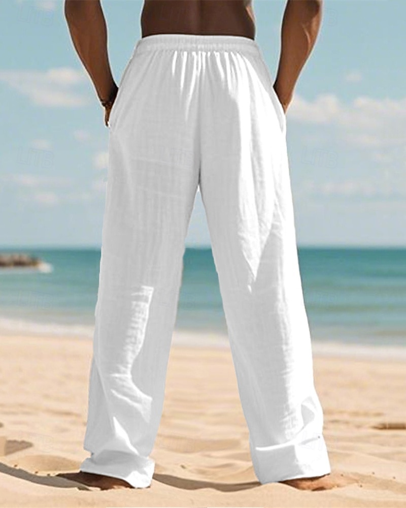 Men's Linen Pants Trousers Summer Pants Beach Pants Pocket Elastic Waist Drawstring Plain Comfort Breathable Vacation Daily Holiday Hawaiian Boho Dark Khaki Black 2025 - $18.99 –P3