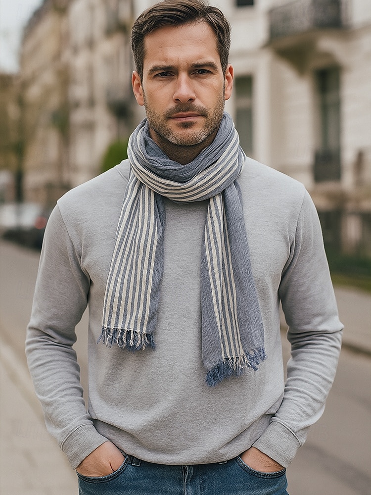 Men's Striped Cotton Scarf – Lightweight Soft Fringed Wrap for Fall & Winter, Casual Vintage Style Shawl for Travel, Daily Wear & Outdoor Activities 2025 - $14.99 –P1
