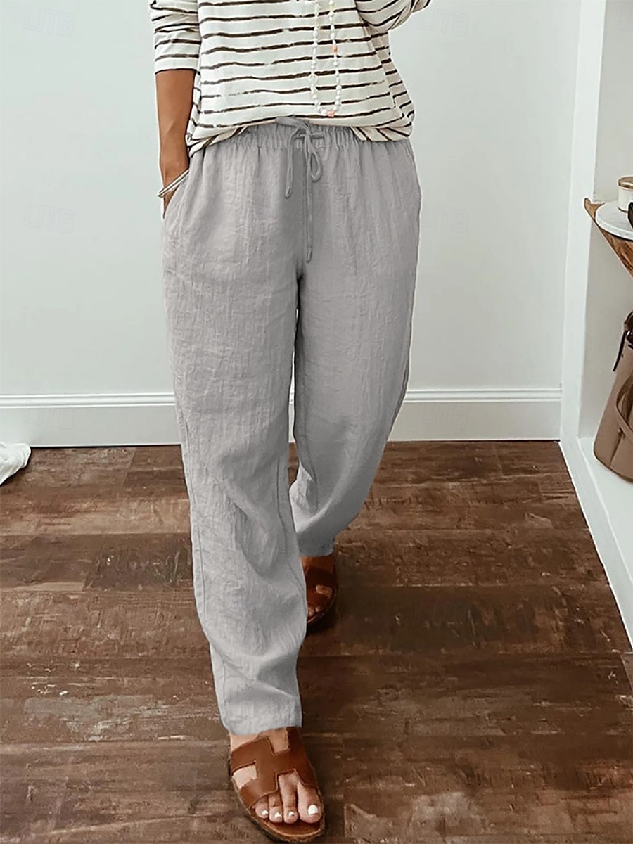 Mulheres Calças de linho de algodão Calças Roupa de rua Casual Longas Cintura Alta Tecido Bolsos Design de cordão elástico Corte alto Respirabilidade Macio Micro-Elástica Rua Roupa Diária Preto de 2025 por $24.99 –P3