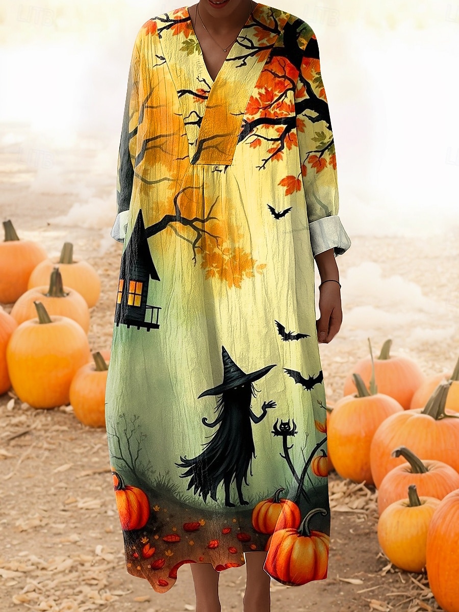 Halloween Damen Midi Kleid V-Ausschnitt Lange Ärmel Kaftan Leicht Lockerer Schnitt A-Linien Kleid Lässig Ausgehen Grafisch Lange Ärmel V-Ausschnitt Gelb Orange Grün Regenbogen Herbst 2025 - $33.99 –P5