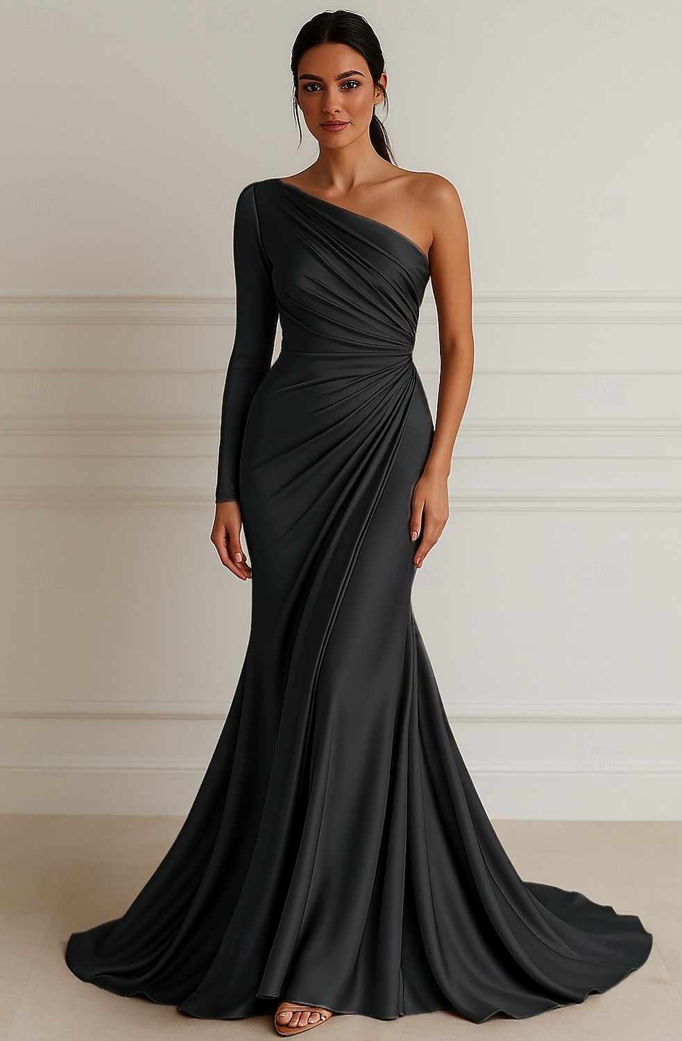 Sirena / Tromba Abito da Sera Elegante Vestito Formale Matrimonio Lunghezza al pavimento Manica Lunga Monospalla Vestito Rosa Raso Elasticizzato con Pieghe 2025 del 2025 a $139.99 –P5