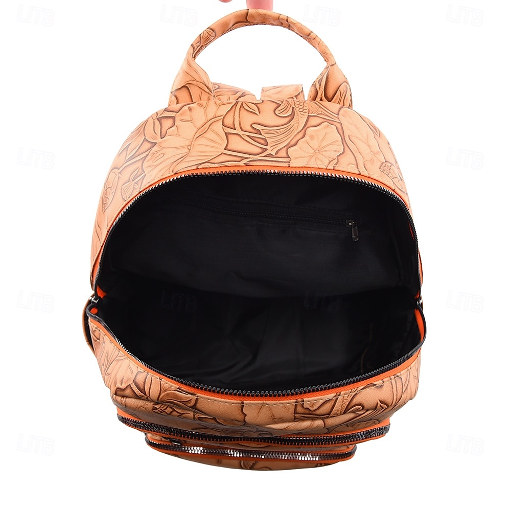 Sac à dos en similicuir avec motif koi et lotus en relief – Sac d'école à l'esthétique bohème pour adolescents et amateurs d'art de 2025 ? $32.99 –P1