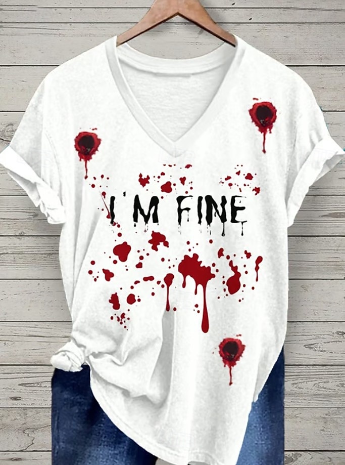 Krwawy Problem Rozwiązany Kobiecy T-shirt Plama Krwi Graficzny Litera Vintage Stylowy Klasyczny Krótki Rękaw V Dekolt Regularne Topu Codzienny Print Szary/Czerwony Biały Bordeaux Czerwony Biały Wiosna 2025 - $21.99 –P5