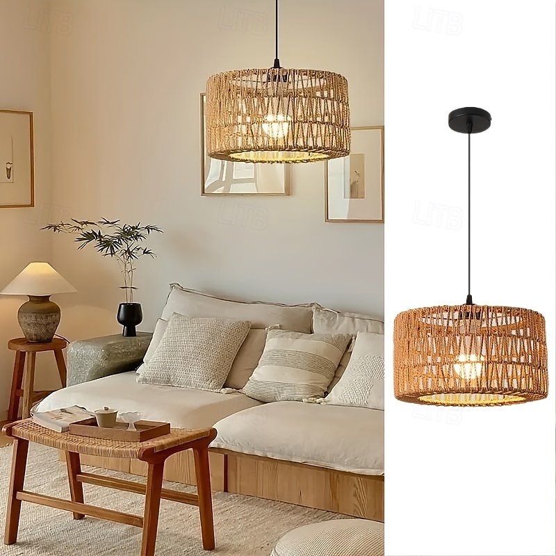 Landlig vintage pendellampe, metallflettet rottingtau, 17 cm høyde, varmt hvitt/hvitt lys, E26 E27, justerbar kjede, for kjøkkenøy, spisestue, soverom, restaurant 2025 - $106.99 –P3