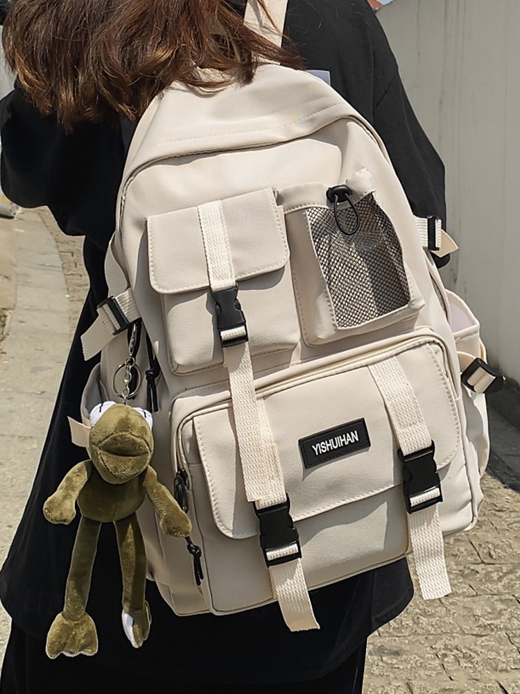 Freizeitrucksack für Teenager mit großem Fassungsvermögen – Schultasche im koreanischen Stil mit mehreren Taschen und Plüsch-Schlüsselanhänger für Schule, Reisen und Outdoor-Aktivitäten, Schwarz, Weiß, Rot 2025 - $24.99 –P1