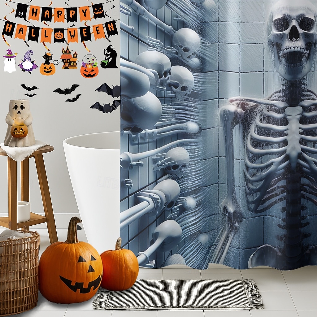Halloweenský sprchový závěs s háčky, polyesterový, pratelný, voděodolný, vzorovaný, koupelnová vana, dekorace 2025 - $21.99 –P18