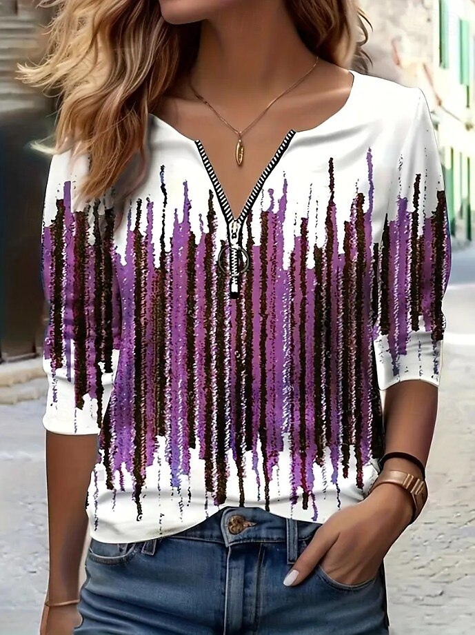 Femmes T-shirt Graphique Géométrique Abstrait ancien Mode Moderne manche longue Col en V Hauts Réguliers Quotidien Week-end Fermeture éclair Imprimé Bleu Violet Vert Printemps Automne de 2025 ? $27.99 –P4
