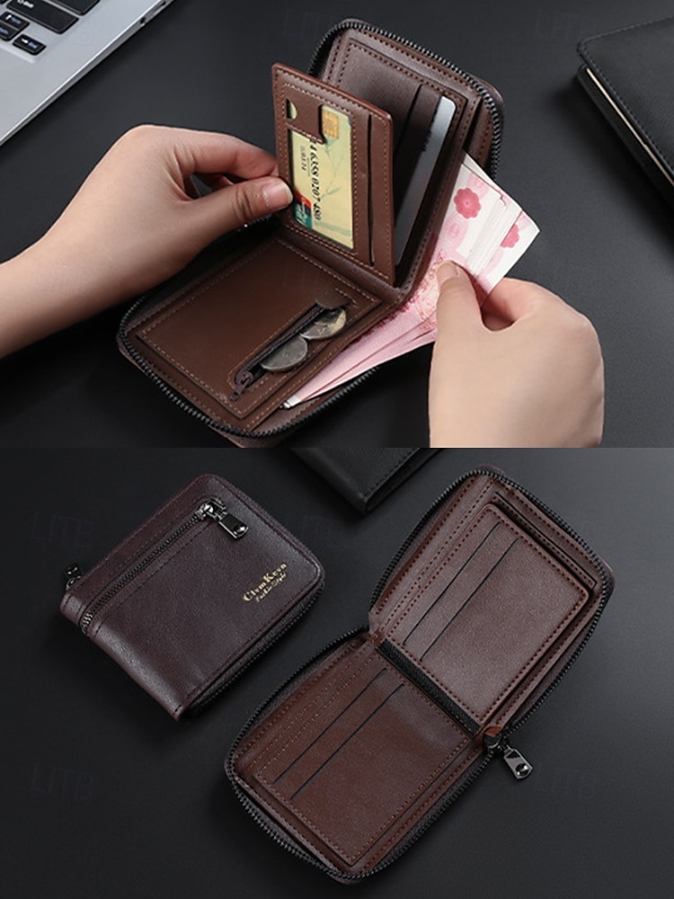 Portafoglio da uomo in similpelle con cerniera – design sottile a due ante con più scomparti per carte e tasca portamonete, borsa elegante e resistente per lavoro, viaggi e uso quotidiano del 2025 a $11.99 –P4