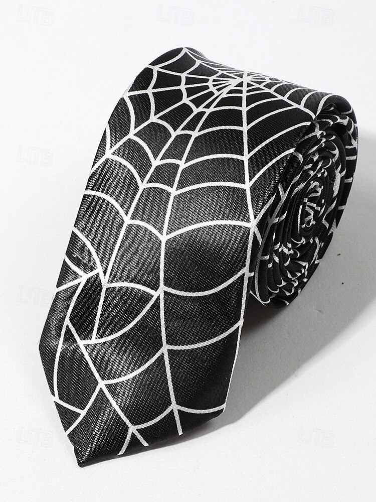 Cravatta da uomo con stampa ragnatela di Halloween – cravatta sottile in raso bianco e nero, elegante accessorio per feste, cosplay, eventi formali e abiti da ufficio per Halloween del 2025 a $9.99 –P6