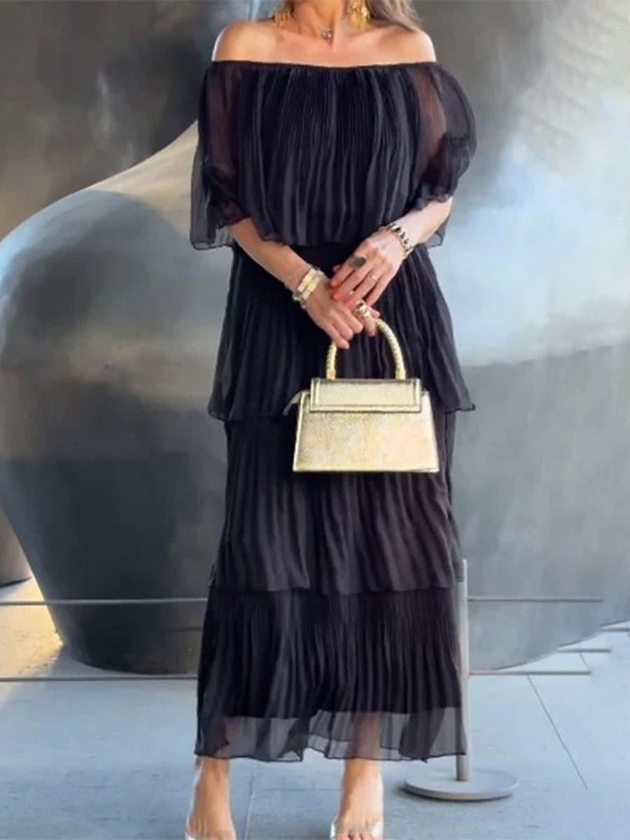 Femmes Robe Midi Robe de Cocktail Robe d'invité de mariage Mousseline de Soie Robe en Chiffon Élégant Mode Moderne Extérieur Vacances Coupe régulière Uni Demi Manches Épaules Dénudées Noir Blanche de 2026 ? $37.99 –P1